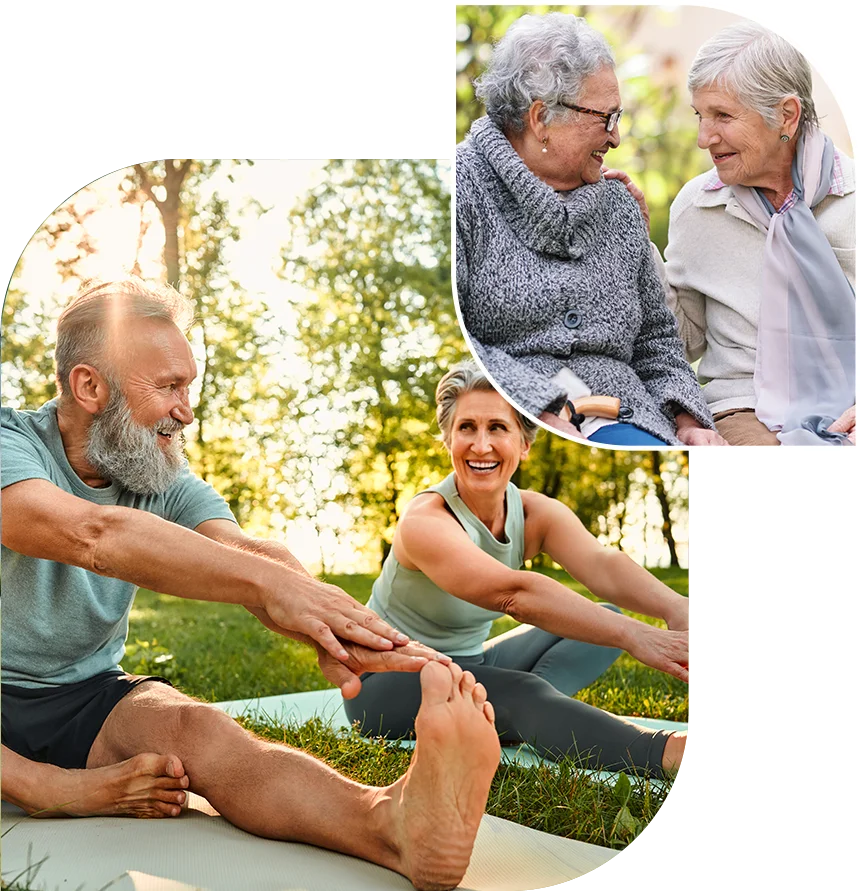 A collage of people doing yoga in the park.