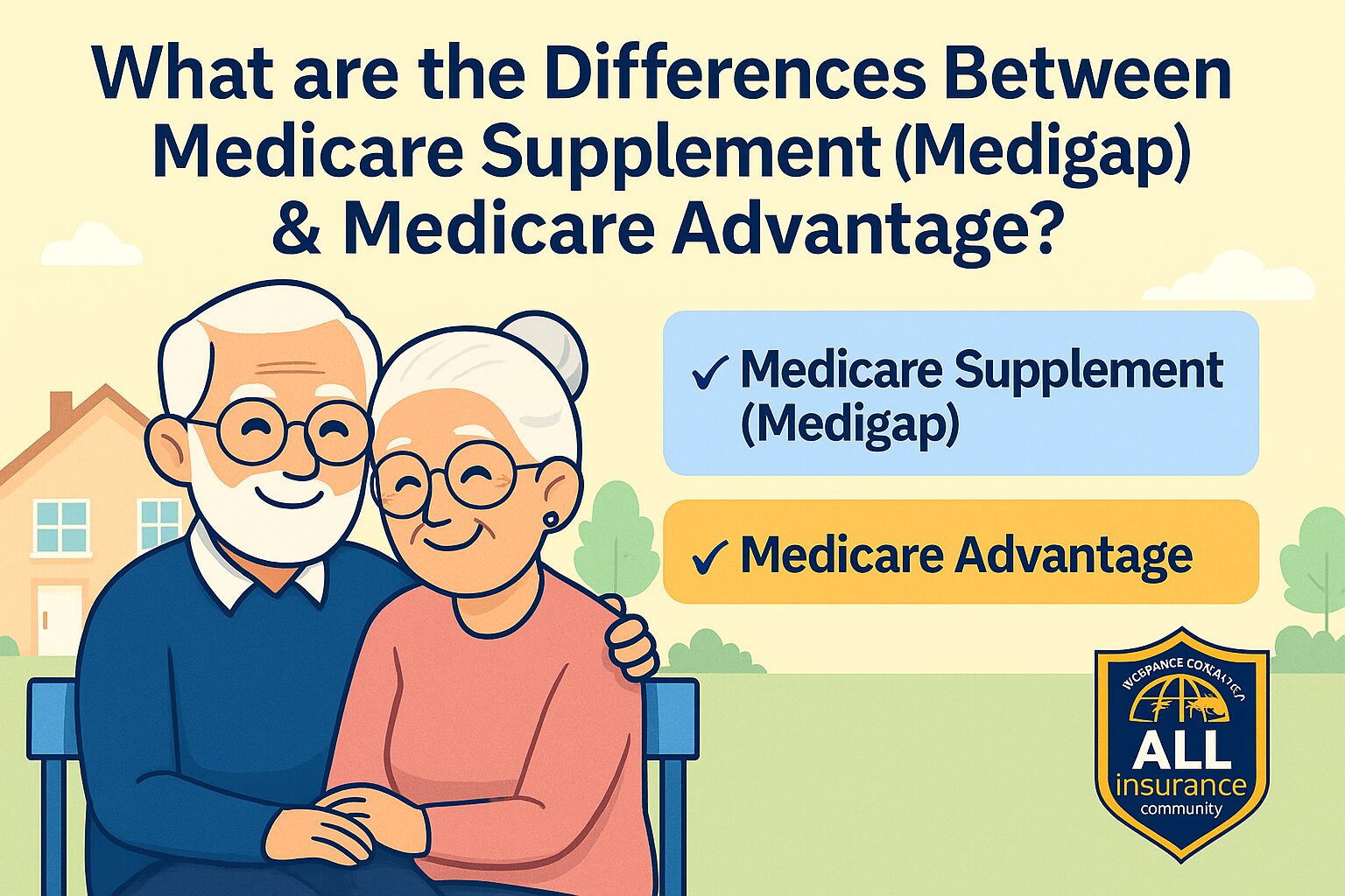 An illustrated elderly couple sits on a bench smiling, with a house and trees in the background. The text highlights “What are the Differences Between Medicare Supplement (Medigap) & Medicare Advantage?” and includes a logo for All Insurance Community. The image uses soft pastel colors to convey warmth and clarity about Medicare options.