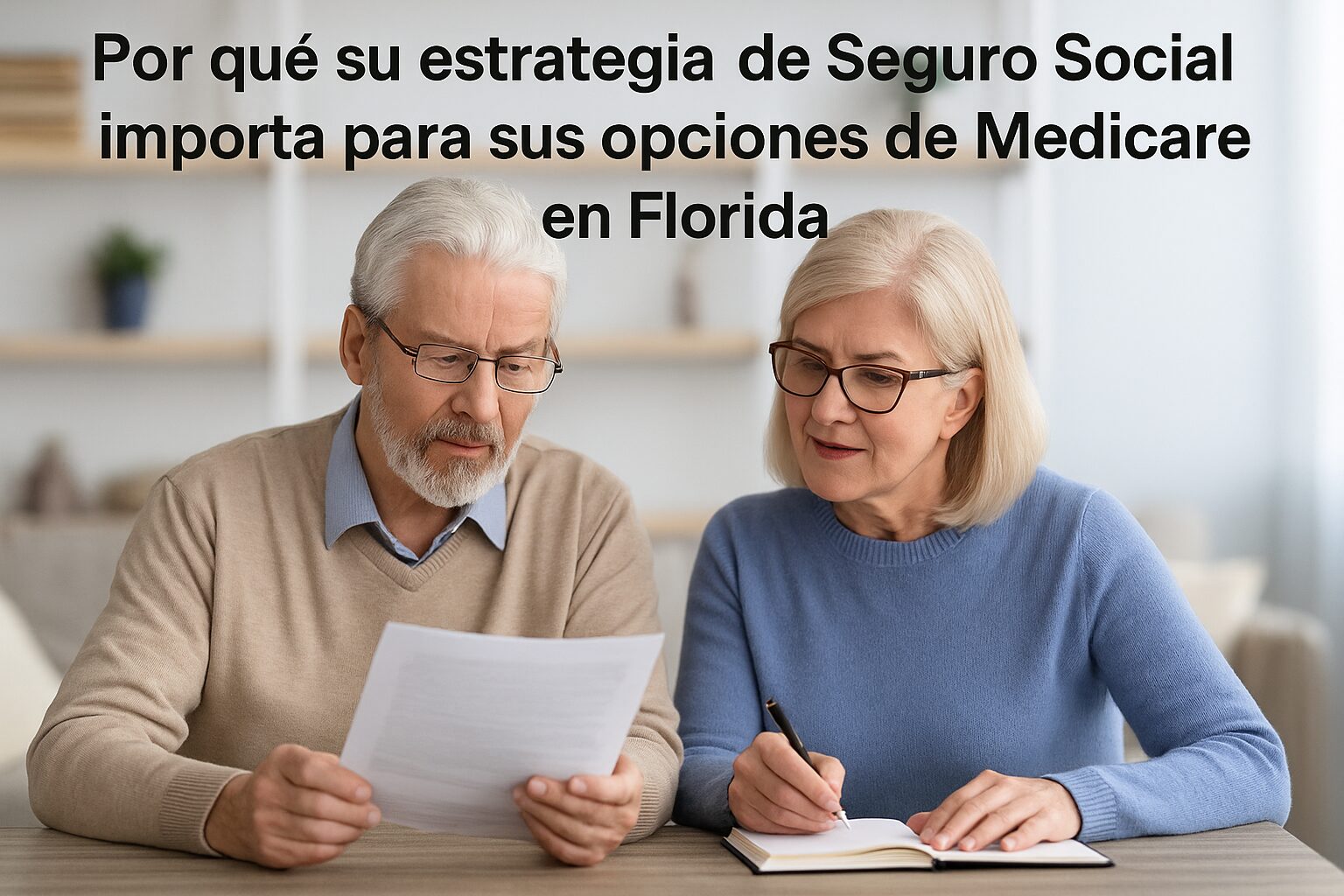 “Pareja de jubilados en Florida revisando opciones de Seguro Social y Medicare.”