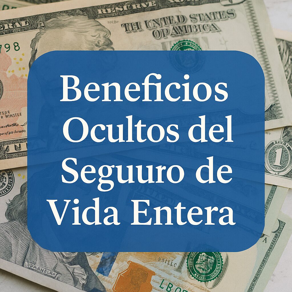 Beneficios ocultos de los seguros de vida, mostrando crecimiento de valor en efectivo y seguridad financiera con billetes de dólar al fondo.