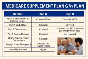 Table showing benefits of Medicare Supplement Plan G vs Plan N including copays and premiums.