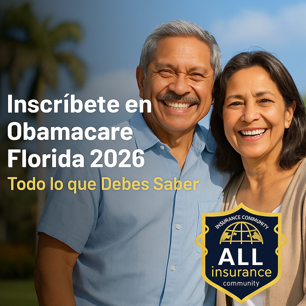 Hispanic couple in Florida reviewing Obamacare 2026 health coverage information with the All Insurance Community logo, representing the blog “Inscríbete en Obamacare Florida 2026 – Todo lo que Debes Saber.”
