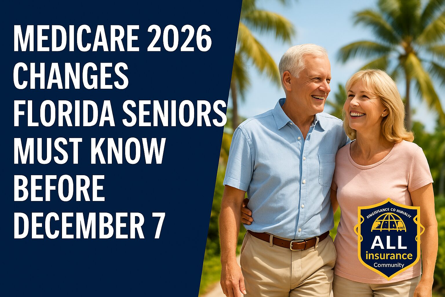 Happy senior couple walking outdoors under Florida palm trees, promoting Medicare 2026 changes for Florida seniors with the All Insurance Community logo.