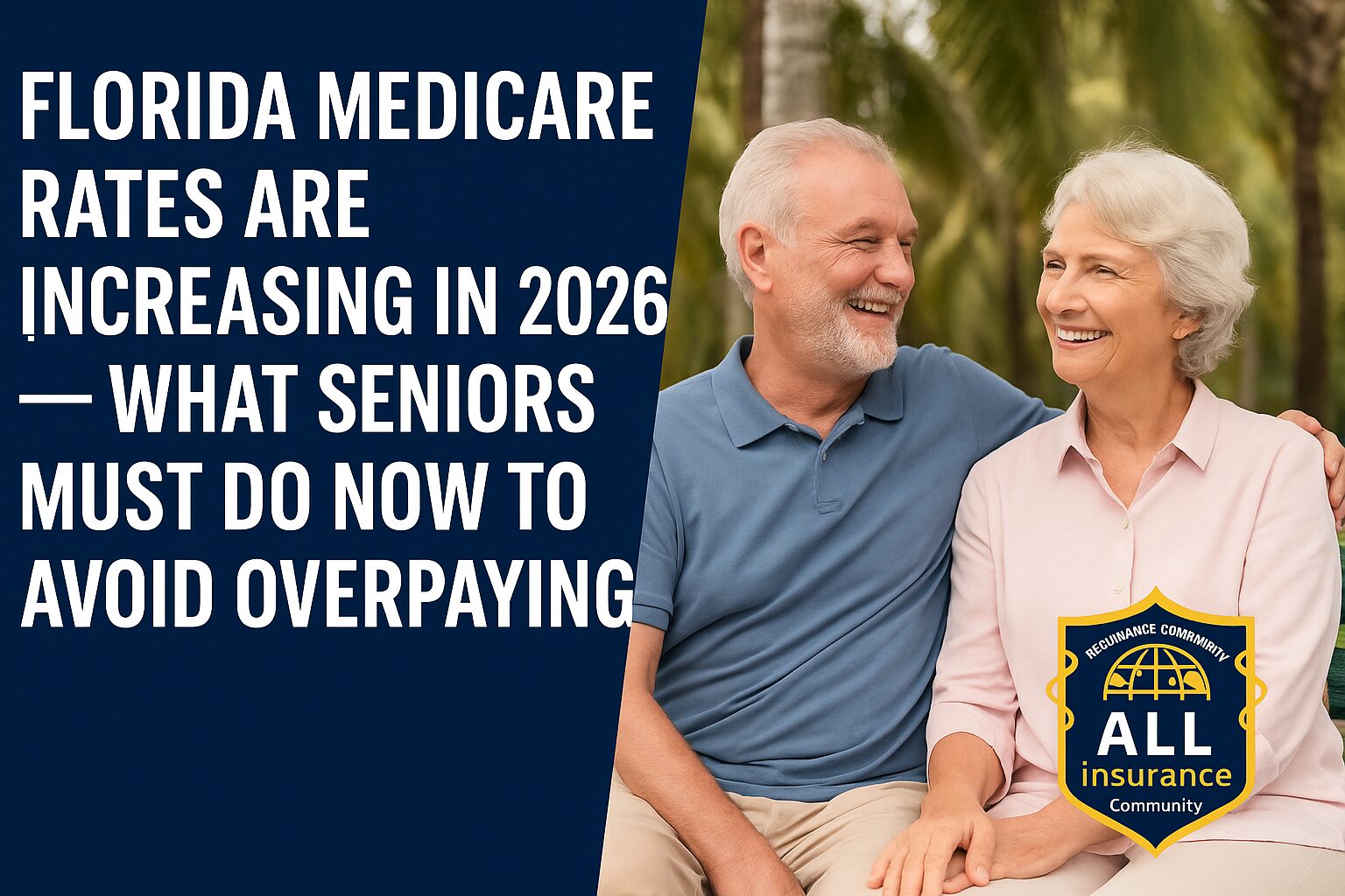 Happy senior couple smiling on a Florida park bench with palm trees behind them, promoting Medicare 2026 rate updates with the All Insurance Community logo.