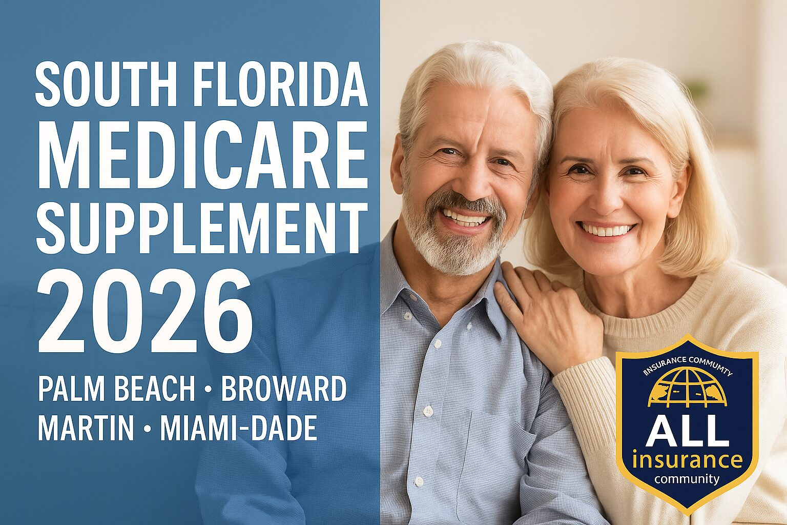 Happy senior couple smiling while reviewing Medicare Supplement 2026 information — South Florida guide for Palm Beach, Broward, Martin, and Miami-Dade by All Insurance Community.