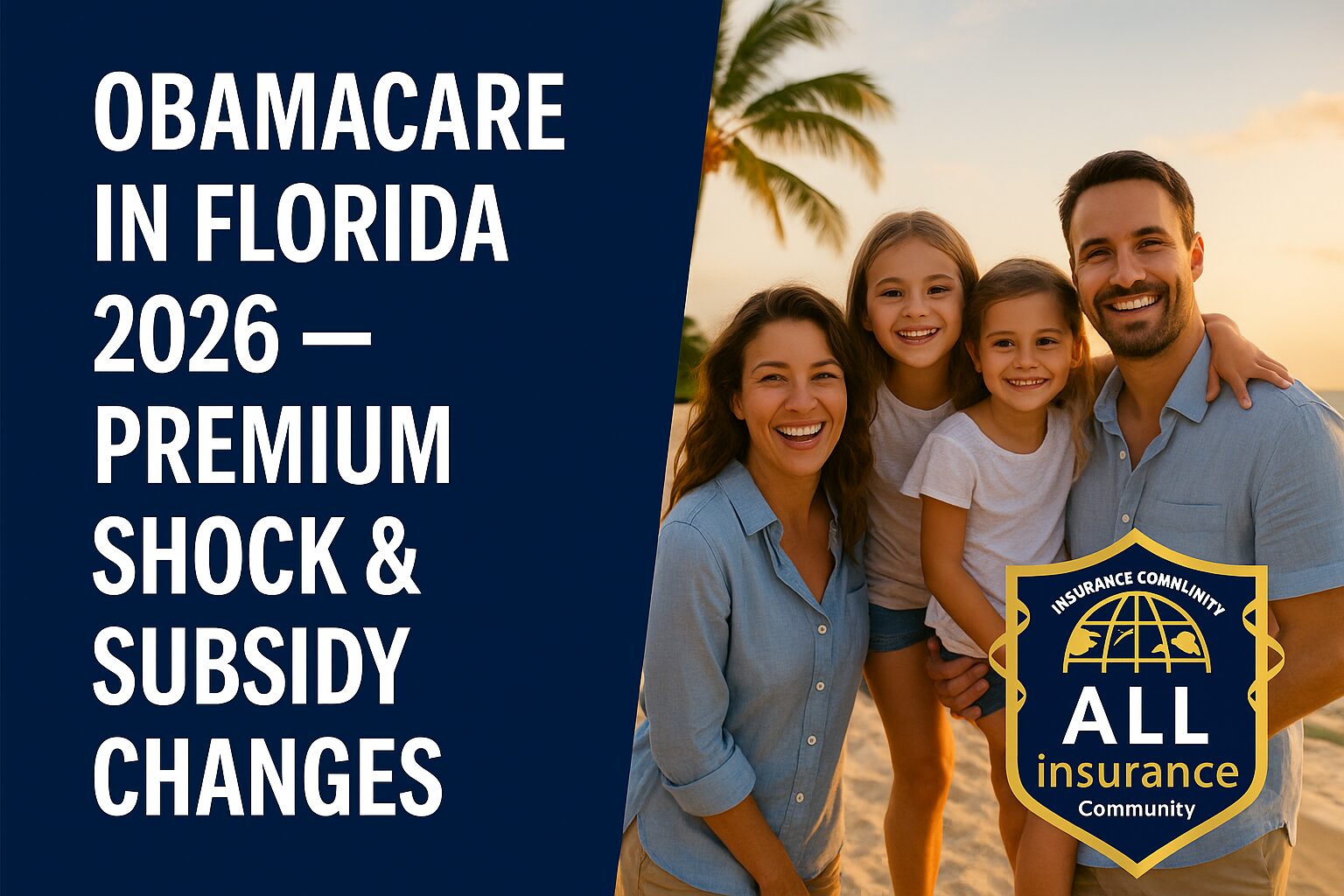 Smiling Florida family on the beach at sunset promoting the 2026 Obamacare premium and subsidy changes guide, with All Insurance Community logo.