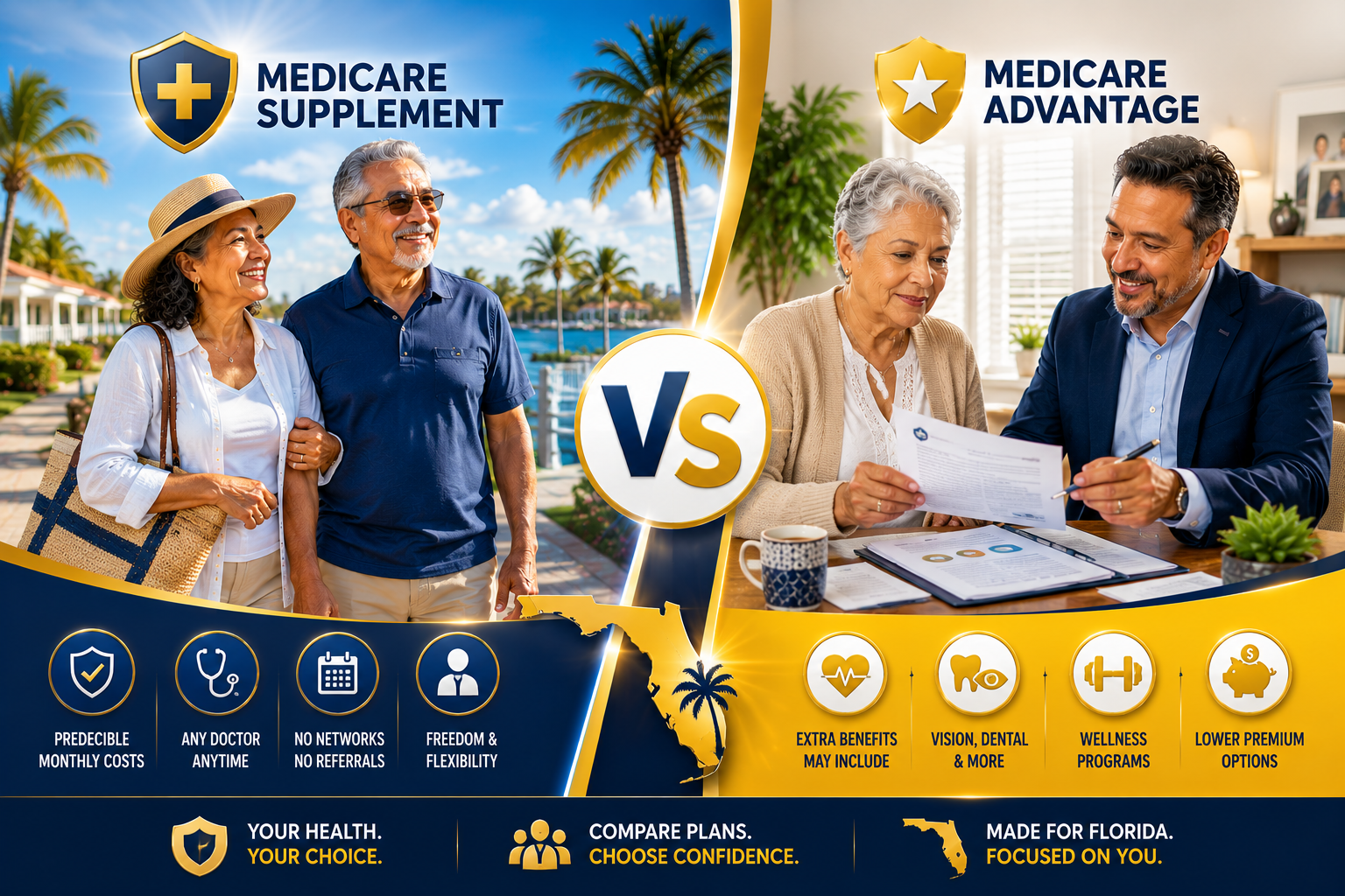 Hispanic senior couple enjoying retirement in Florida compared with senior reviewing Medicare healthcare options with advisor for Medicare Supplement vs Medicare Advantage 2026.