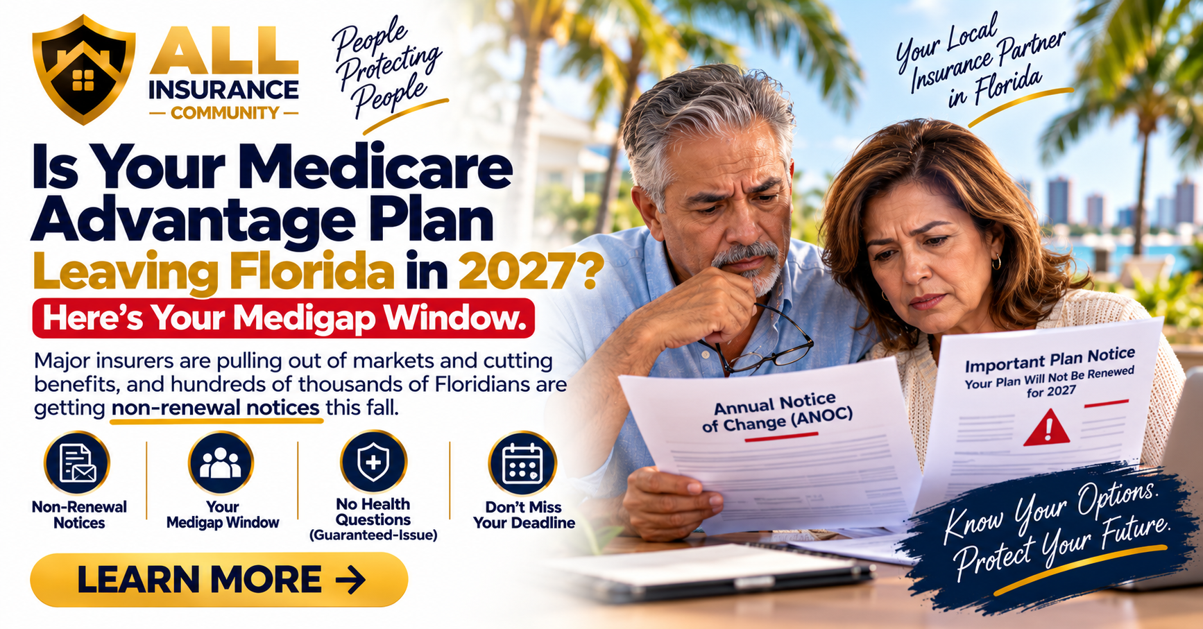 Florida seniors reviewing a Medicare Advantage non-renewal notice and their 2027 Medigap options
