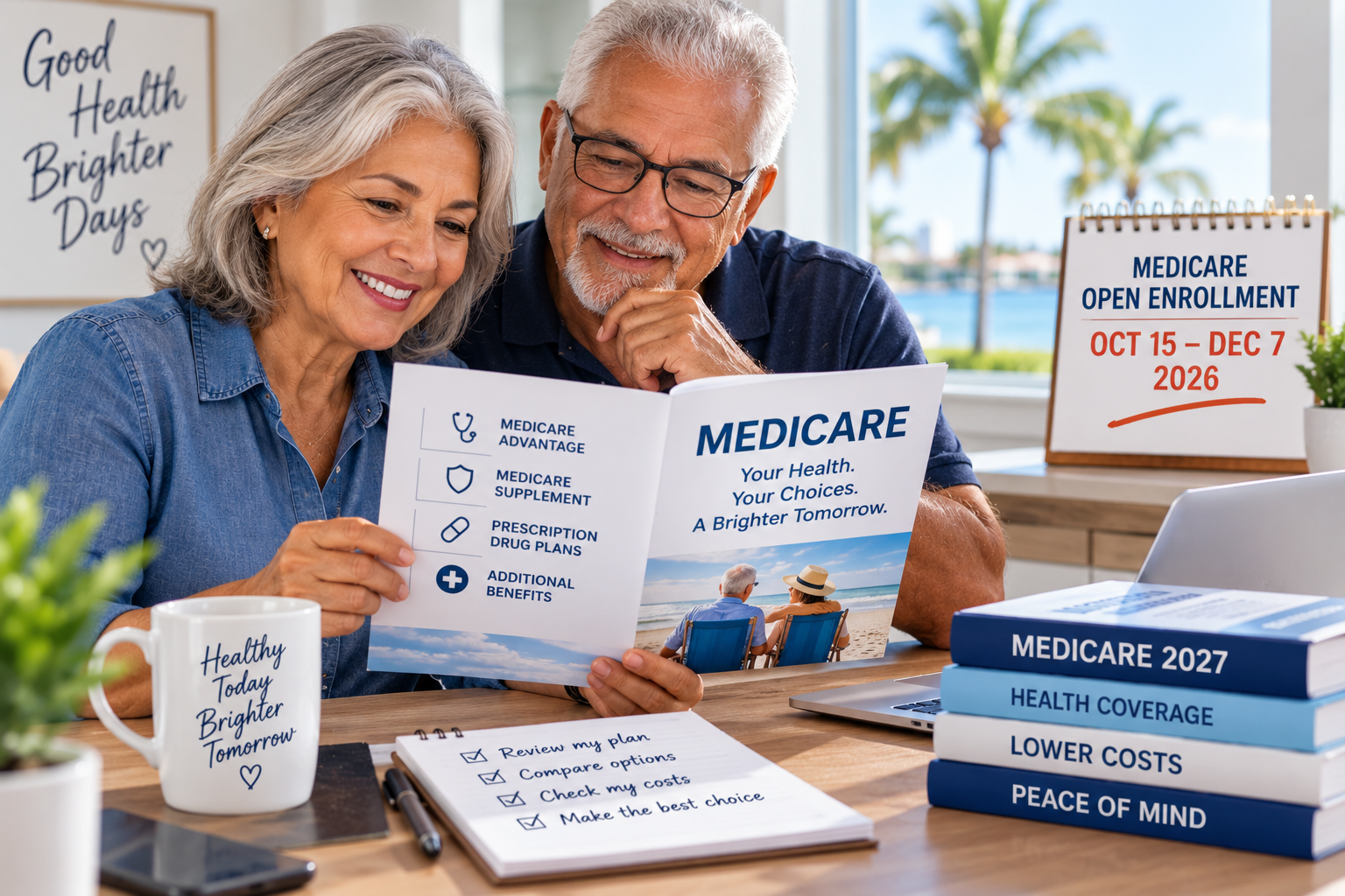 Senior couple in Florida reviewing Medicare coverage and 2027 Open Enrollment dates from October 15 to December 7.