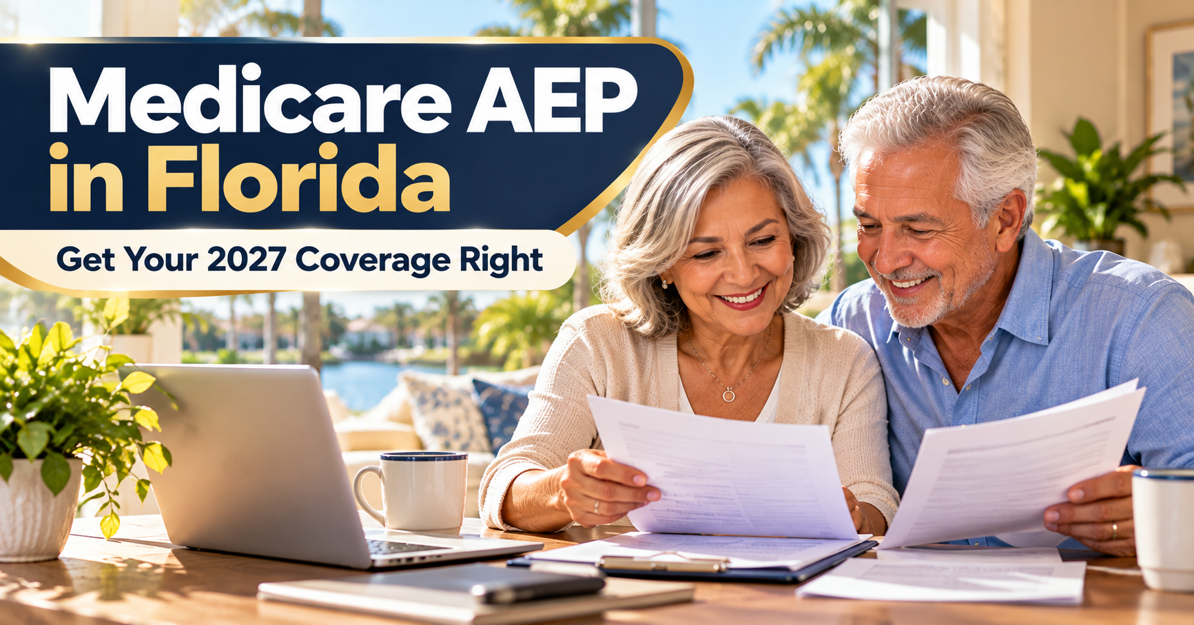 Florida senior couple reviewing Medicare AEP plan options with a local independent agent for 2027