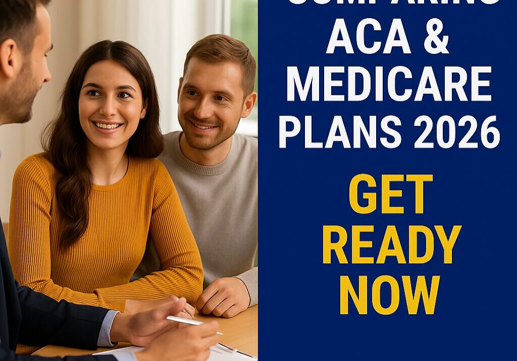Young adults in Florida consulting with an insurance broker about comparing ACA and Medicare plans 2026.