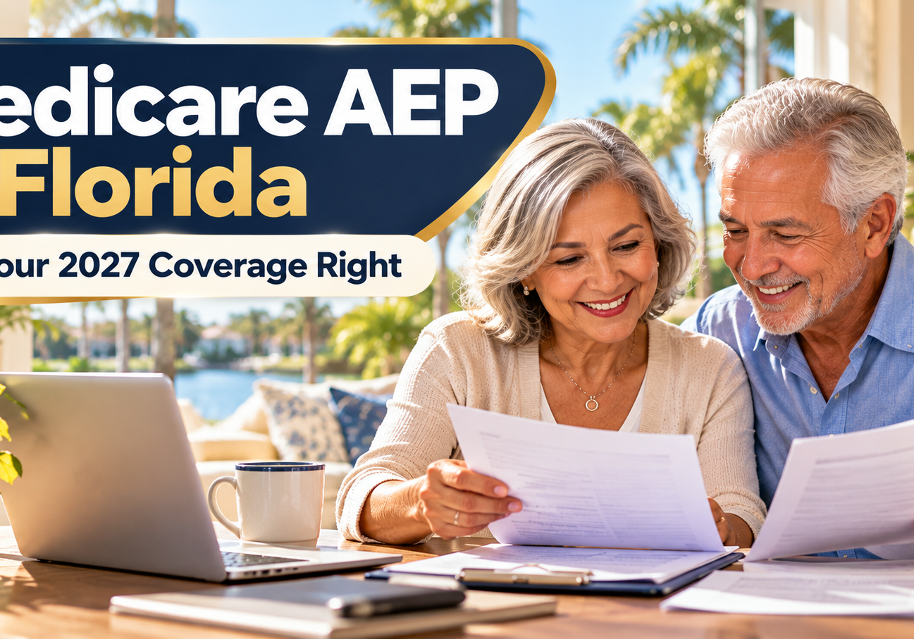 Florida senior couple reviewing Medicare AEP plan options with a local independent agent for 2027
