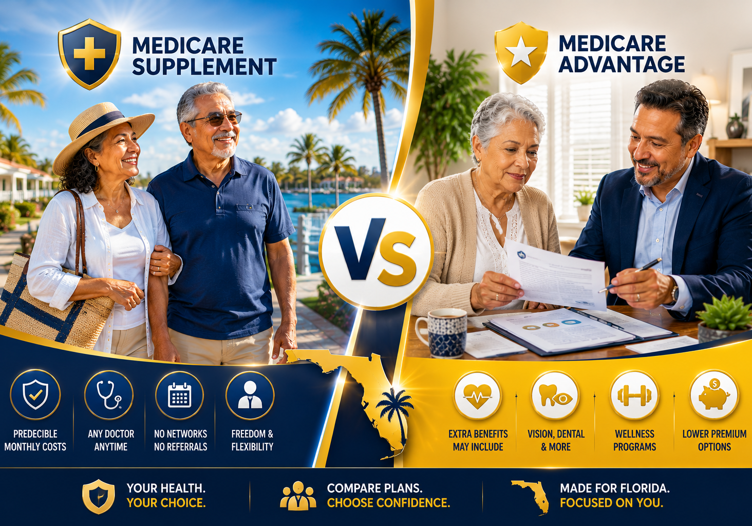 Hispanic senior couple enjoying retirement in Florida compared with senior reviewing Medicare healthcare options with advisor for Medicare Supplement vs Medicare Advantage 2026.