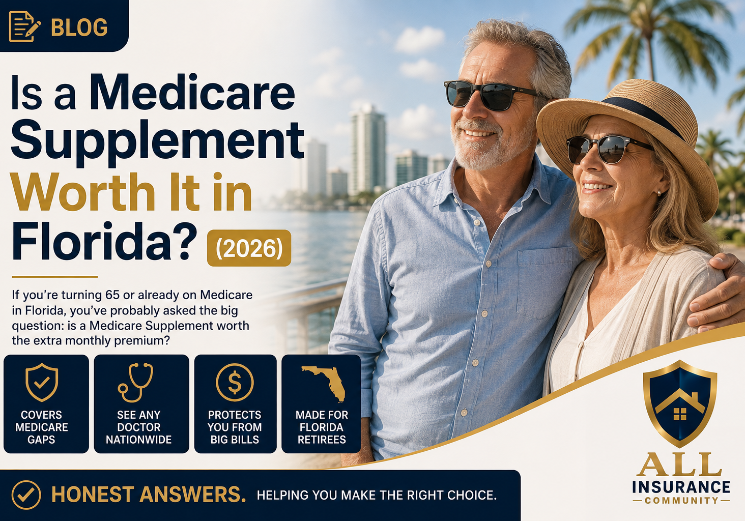 Happy retired couple in Florida learning about Medicare Supplement (Medigap) insurance options in 2026.
